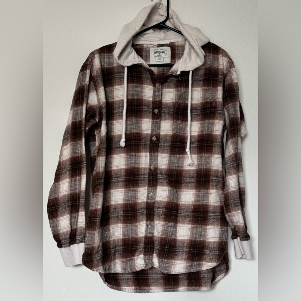 American Eagle Outfitters Brown Plaid Hooded Shacket - Picture 3 of 10